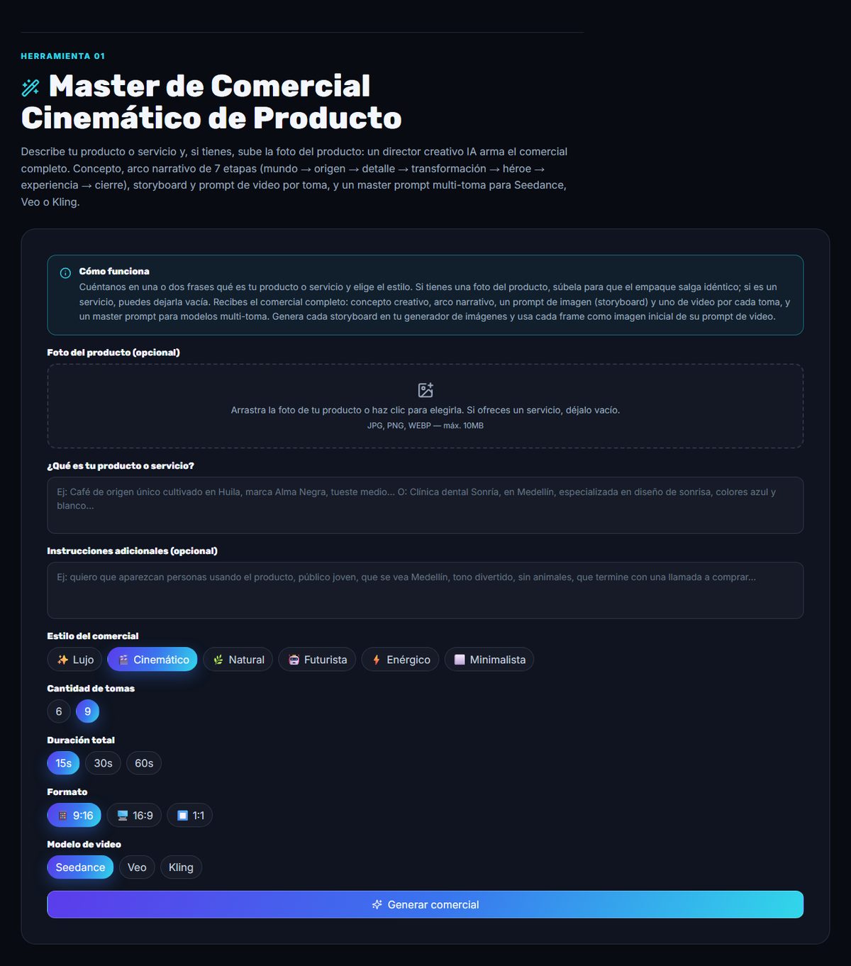 Herramienta Master de Comercial Cinemático de Producto en la página privada de recursos